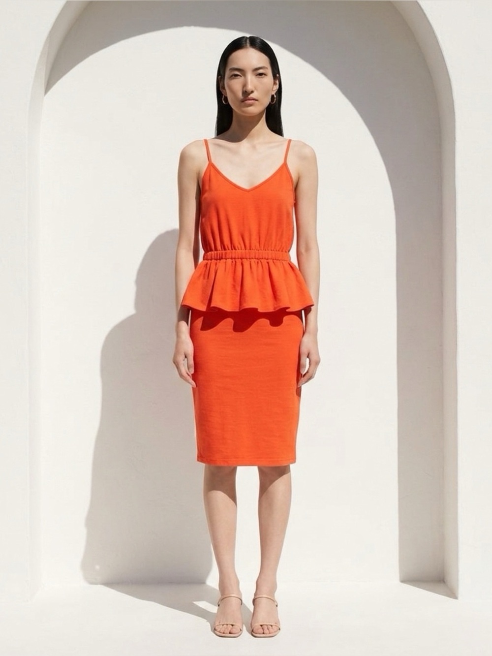 Buttons Orange Red Solid V-Neck Sleeveless Ruffle Lined Bodycon Dress M Knee